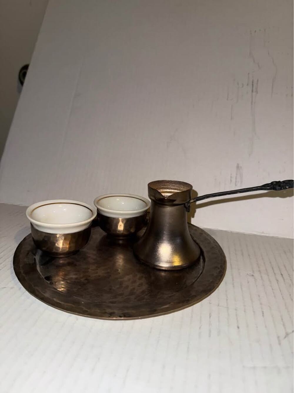 Turkish Metal Repousse Coffee Tea Set Tray, 2 Cups, Bowl & Jug